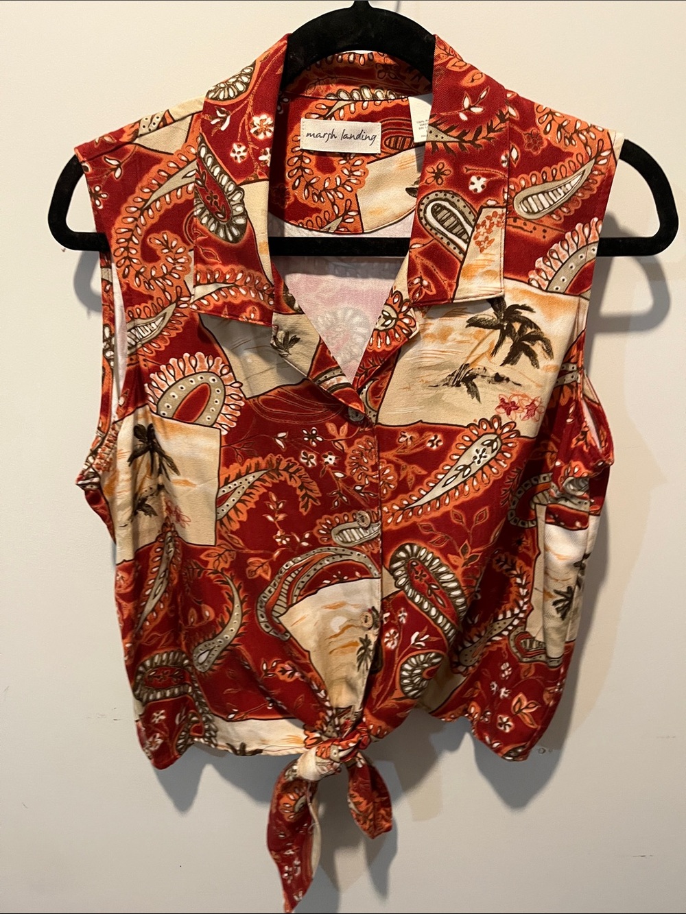 Marsh Landing Red Paisley Tie-Front Sleeveless Camisole